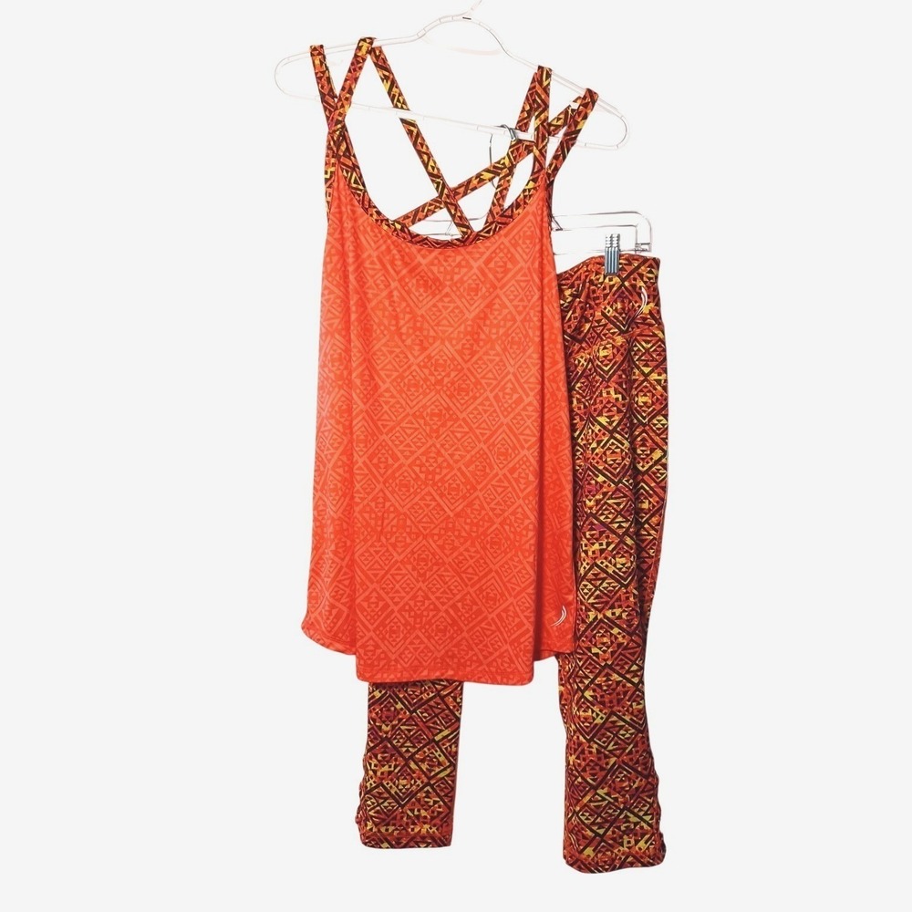 Exertek Orange Black Yellow Tank top & Ankle Leggings Set Size XL Aztec Tribal